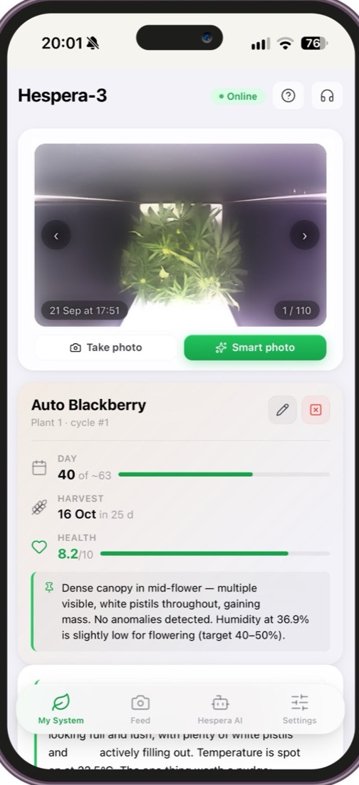 Hespera app — live plant view